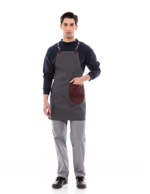 Γκρι Ποδιά Unisex Barista Στηθούρι - Από Καμβά Ύφασμα & Μπορντό Στρογγυλή Vegan Leather Τσέπη