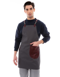 Γκρι Ποδιά Unisex Barista Στηθούρι - Από Καμβά Ύφασμα & Μπορντό Στρογγυλή Vegan Leather Τσέπη