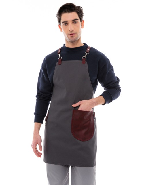 Γκρι Ποδιά Unisex Barista Στηθούρι - Από Καμβά Ύφασμα & Μπορντό Στρογγυλή Vegan Leather Τσέπη