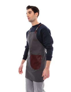 Γκρι Ποδιά Unisex Barista Στηθούρι - Από Καμβά Ύφασμα & Μπορντό Στρογγυλή Vegan Leather Τσέπη