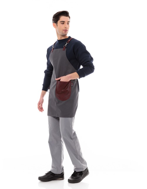 Γκρι Ποδιά Unisex Barista Στηθούρι - Από Καμβά Ύφασμα & Μπορντό Στρογγυλή Vegan Leather Τσέπη