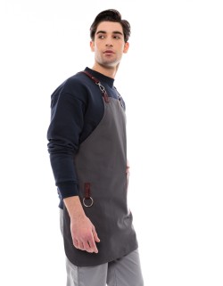 Γκρι Ποδιά Unisex Barista Στηθούρι - Από Καμβά Ύφασμα & Μπορντό Στρογγυλή Vegan Leather Τσέπη