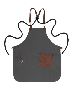 Γκρι Ποδιά Unisex Barista Στηθούρι - Από Καμβά Ύφασμα & Ταμπά Στρογγυλή Vegan Leather Τσέπη