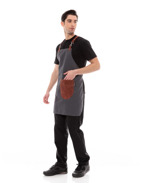 Γκρι Ποδιά Unisex Barista Στηθούρι - Από Καμβά Ύφασμα & Ταμπά Στρογγυλή Vegan Leather Τσέπη
