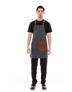 Γκρι Ποδιά Unisex Barista Στηθούρι - Από Καμβά Ύφασμα & Ταμπά Στρογγυλή Vegan Leather Τσέπη
