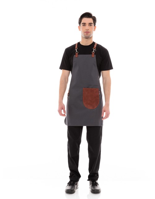 Γκρι Ποδιά Unisex Barista Στηθούρι - Από Καμβά Ύφασμα & Ταμπά Στρογγυλή Vegan Leather Τσέπη