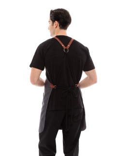 Γκρι Ποδιά Unisex Barista Στηθούρι - Από Καμβά Ύφασμα & Ταμπά Στρογγυλή Vegan Leather Τσέπη