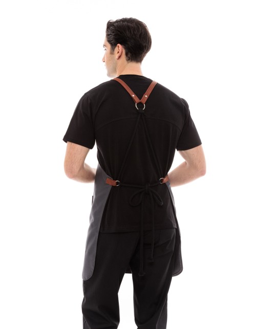 Γκρι Ποδιά Unisex Barista Στηθούρι - Από Καμβά Ύφασμα & Ταμπά Στρογγυλή Vegan Leather Τσέπη