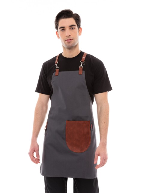 Γκρι Ποδιά Unisex Barista Στηθούρι - Από Καμβά Ύφασμα & Ταμπά Στρογγυλή Vegan Leather Τσέπη