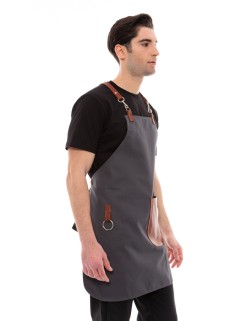 Γκρι Ποδιά Unisex Barista Στηθούρι - Από Καμβά Ύφασμα & Ταμπά Στρογγυλή Vegan Leather Τσέπη