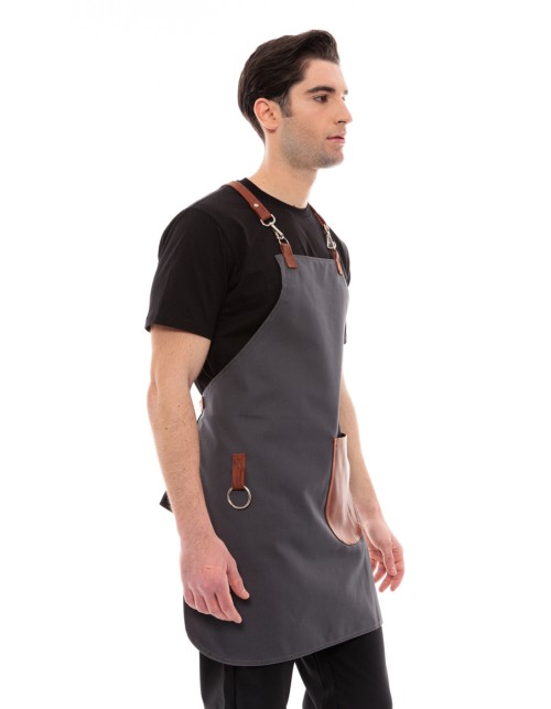 Γκρι Ποδιά Unisex Barista Στηθούρι - Από Καμβά Ύφασμα & Ταμπά Στρογγυλή Vegan Leather Τσέπη