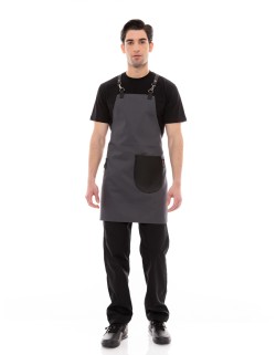 Γκρι Ποδιά Unisex Barista Στηθούρι - Από Καμβά Ύφασμα & Μαύρη Στρογγυλή Vegan Leather Τσέπη