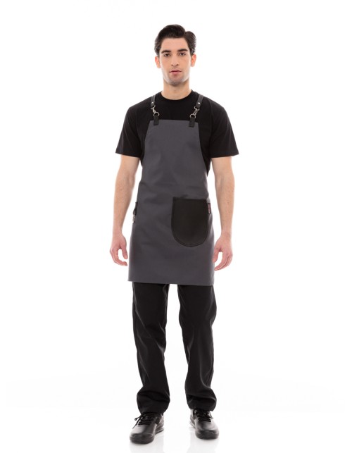 Γκρι Ποδιά Unisex Barista Στηθούρι - Από Καμβά Ύφασμα & Μαύρη Στρογγυλή Vegan Leather Τσέπη