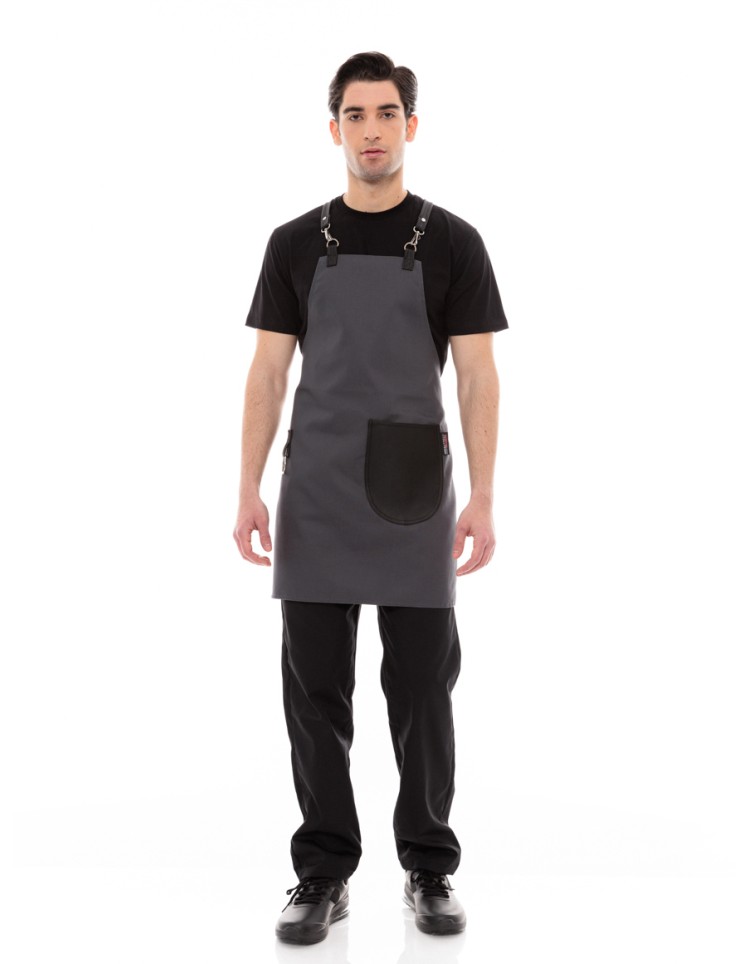 Γκρι Ποδιά Unisex Barista Στηθούρι - Από Καμβά Ύφασμα & Μαύρη Στρογγυλή Vegan Leather Τσέπη