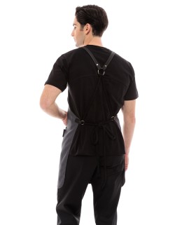Γκρι Ποδιά Unisex Barista Στηθούρι - Από Καμβά Ύφασμα & Μαύρη Στρογγυλή Vegan Leather Τσέπη