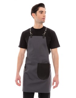 Γκρι Ποδιά Unisex Barista Στηθούρι - Από Καμβά Ύφασμα & Μαύρη Στρογγυλή Vegan Leather Τσέπη