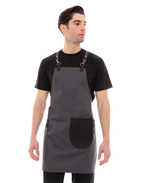 Γκρι Ποδιά Unisex Barista Στηθούρι - Από Καμβά Ύφασμα & Μαύρη Στρογγυλή Vegan Leather Τσέπη