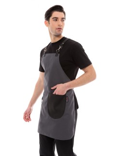 Γκρι Ποδιά Unisex Barista Στηθούρι - Από Καμβά Ύφασμα & Μαύρη Στρογγυλή Vegan Leather Τσέπη