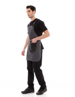 Γκρι Ποδιά Unisex Barista Στηθούρι - Από Καμβά Ύφασμα & Μαύρη Στρογγυλή Vegan Leather Τσέπη