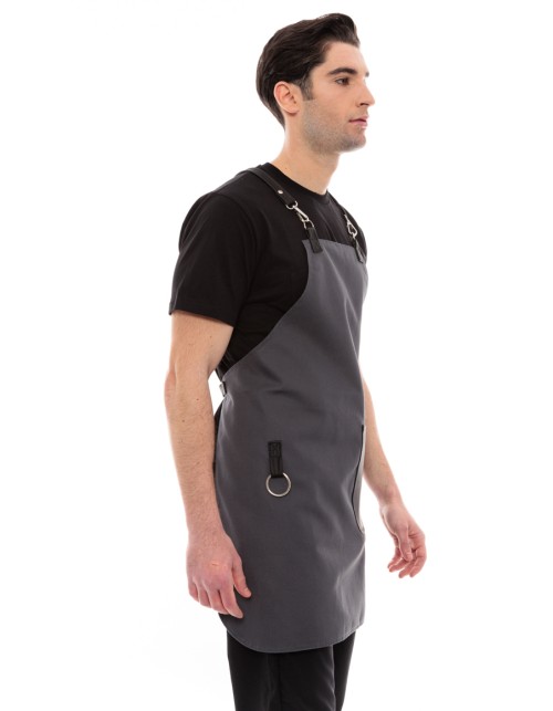 Γκρι Ποδιά Unisex Barista Στηθούρι - Από Καμβά Ύφασμα & Μαύρη Στρογγυλή Vegan Leather Τσέπη