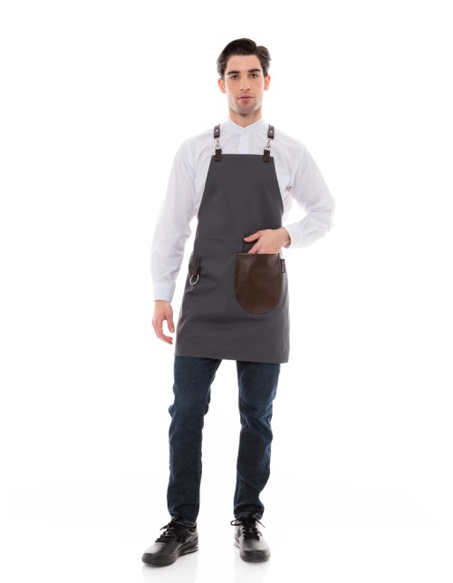 Γκρι Ποδιά Unisex Barista Στηθούρι - Από Καμβά Ύφασμα & Καφέ Στρογγυλή Vegan Leather Τσέπη