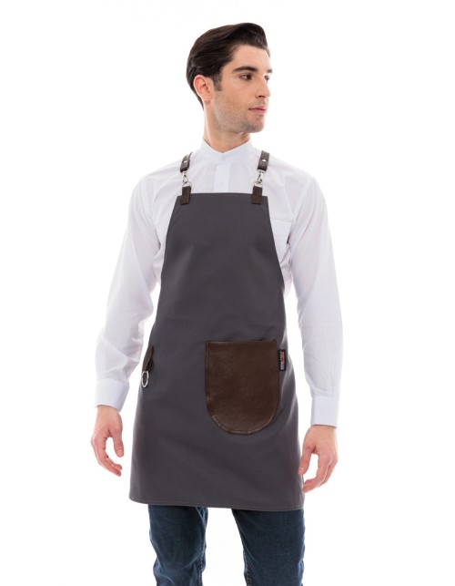Γκρι Ποδιά Unisex Barista Στηθούρι - Από Καμβά Ύφασμα & Καφέ Στρογγυλή Vegan Leather Τσέπη