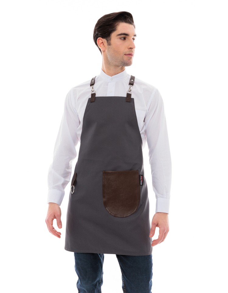 Γκρι Ποδιά Unisex Barista Στηθούρι - Από Καμβά Ύφασμα & Καφέ Στρογγυλή Vegan Leather Τσέπη