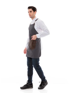 Γκρι Ποδιά Unisex Barista Στηθούρι - Από Καμβά Ύφασμα & Καφέ Στρογγυλή Vegan Leather Τσέπη