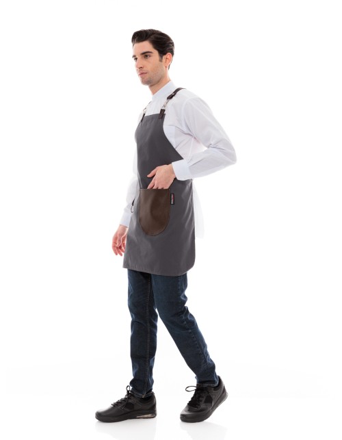 Γκρι Ποδιά Unisex Barista Στηθούρι - Από Καμβά Ύφασμα & Καφέ Στρογγυλή Vegan Leather Τσέπη