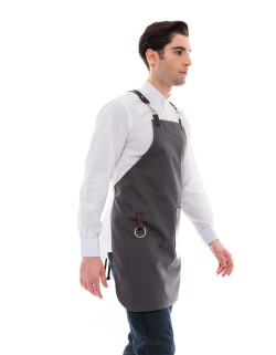 Γκρι Ποδιά Unisex Barista Στηθούρι - Από Καμβά Ύφασμα & Καφέ Στρογγυλή Vegan Leather Τσέπη