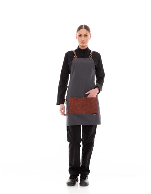 Γκρι Ποδιά Unisex Barista Στηθούρι - Από Καμβά Ύφασμα & Ταμπά Τετράγωνη Vegan Leather Τσέπη