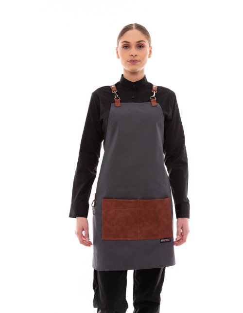 Γκρι Ποδιά Unisex Barista Στηθούρι - Από Καμβά Ύφασμα & Ταμπά Τετράγωνη Vegan Leather Τσέπη
