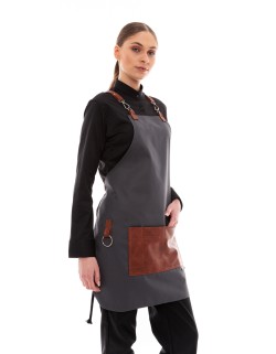 Γκρι Ποδιά Unisex Barista Στηθούρι - Από Καμβά Ύφασμα & Ταμπά Τετράγωνη Vegan Leather Τσέπη