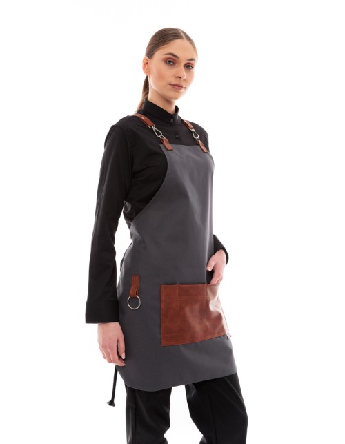 Γκρι Ποδιά Unisex Barista Στηθούρι - Από Καμβά Ύφασμα & Ταμπά Τετράγωνη Vegan Leather Τσέπη
