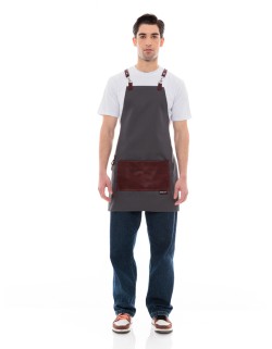Γκρι Ποδιά Unisex Barista Στηθούρι - Από Καμβά Ύφασμα & Μπορντό Τετράγωνη Vegan Leather Τσέπη