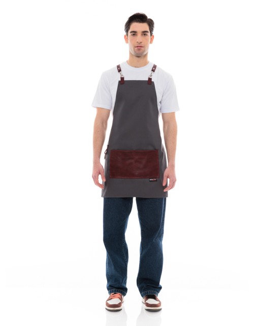 Γκρι Ποδιά Unisex Barista Στηθούρι - Από Καμβά Ύφασμα & Μπορντό Τετράγωνη Vegan Leather Τσέπη