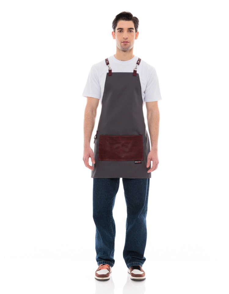 Γκρι Ποδιά Unisex Barista Στηθούρι - Από Καμβά Ύφασμα & Μπορντό Τετράγωνη Vegan Leather Τσέπη