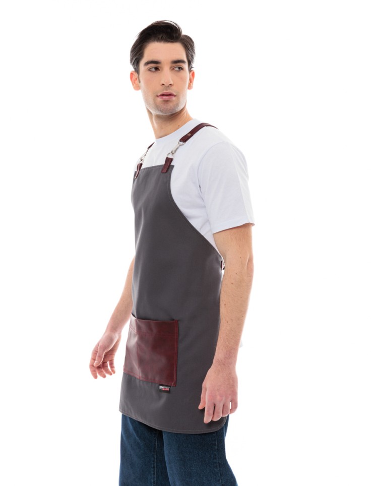 Γκρι Ποδιά Unisex Barista Στηθούρι - Από Καμβά Ύφασμα & Μπορντό Τετράγωνη Vegan Leather Τσέπη