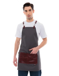 Γκρι Ποδιά Unisex Barista Στηθούρι - Από Καμβά Ύφασμα & Μπορντό Τετράγωνη Vegan Leather Τσέπη