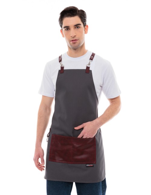 Γκρι Ποδιά Unisex Barista Στηθούρι - Από Καμβά Ύφασμα & Μπορντό Τετράγωνη Vegan Leather Τσέπη