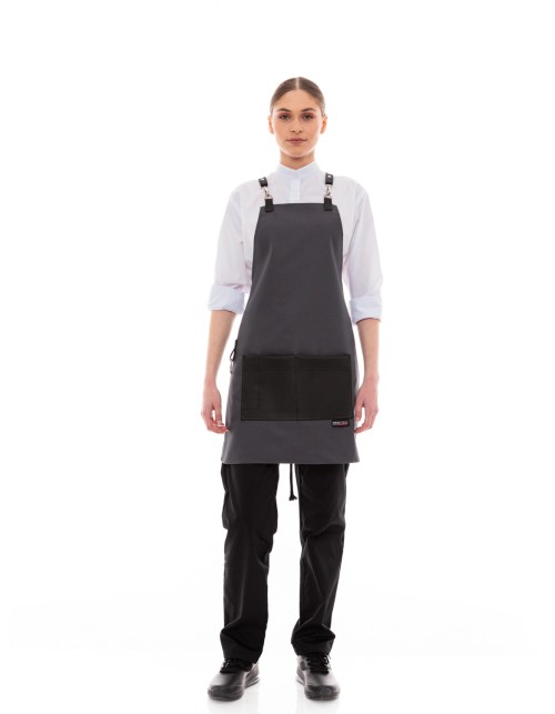 Γκρι Ποδιά Unisex Barista Στηθούρι - Από Καμβά Ύφασμα & Μαύρη Τετράγωνη Vegan Leather Τσέπη