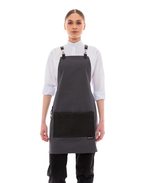 Γκρι Ποδιά Unisex Barista Στηθούρι - Από Καμβά Ύφασμα & Μαύρη Τετράγωνη Vegan Leather Τσέπη