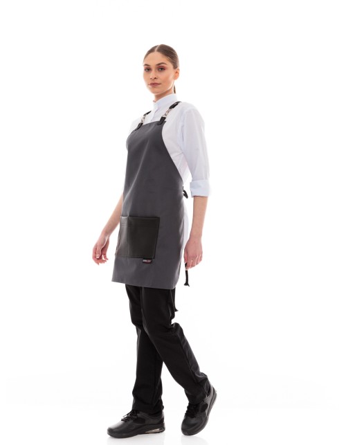 Γκρι Ποδιά Unisex Barista Στηθούρι - Από Καμβά Ύφασμα & Μαύρη Τετράγωνη Vegan Leather Τσέπη