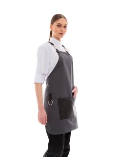Γκρι Ποδιά Unisex Barista Στηθούρι - Από Καμβά Ύφασμα & Μαύρη Τετράγωνη Vegan Leather Τσέπη