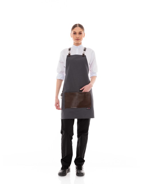 Γκρι Ποδιά Unisex Barista Στηθούρι - Από Καμβά Ύφασμα & Καφέ Τετράγωνη Vegan Leather Τσέπη
