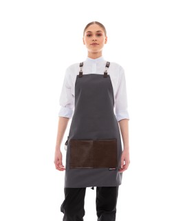 Γκρι Ποδιά Unisex Barista Στηθούρι - Από Καμβά Ύφασμα & Καφέ Τετράγωνη Vegan Leather Τσέπη