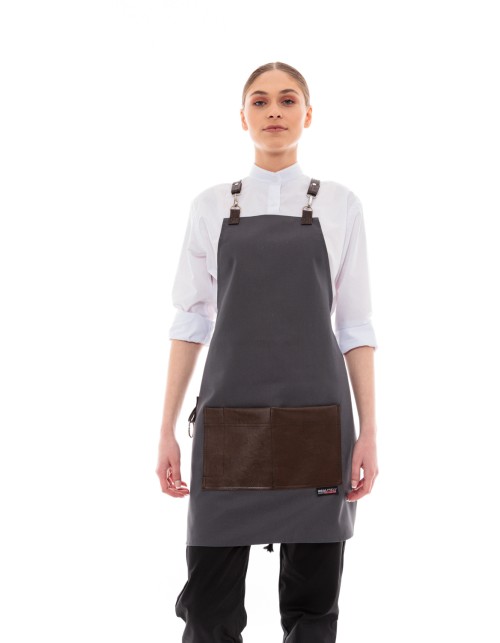 Γκρι Ποδιά Unisex Barista Στηθούρι - Από Καμβά Ύφασμα & Καφέ Τετράγωνη Vegan Leather Τσέπη