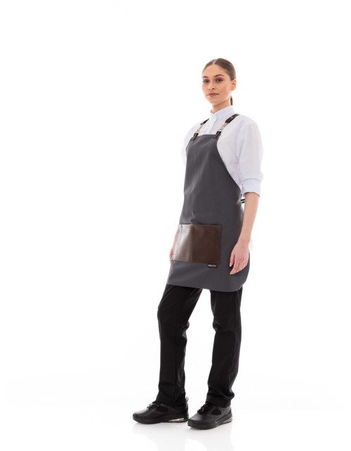 Γκρι Ποδιά Unisex Barista Στηθούρι - Από Καμβά Ύφασμα & Καφέ Τετράγωνη Vegan Leather Τσέπη