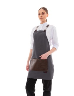 Γκρι Ποδιά Unisex Barista Στηθούρι - Από Καμβά Ύφασμα & Καφέ Τετράγωνη Vegan Leather Τσέπη
