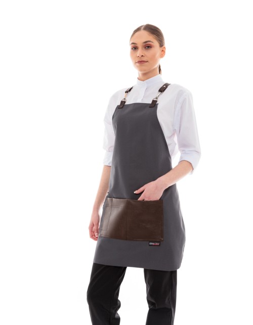 Γκρι Ποδιά Unisex Barista Στηθούρι - Από Καμβά Ύφασμα & Καφέ Τετράγωνη Vegan Leather Τσέπη